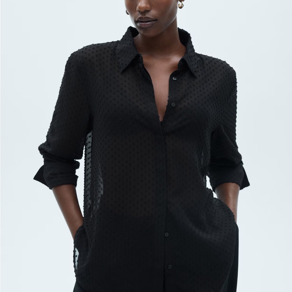 NWOT - MANGO Black Textured Sheer Blouse - S